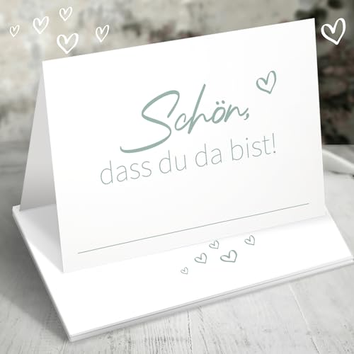 50 Tischkarten Hochzeit 85x55mm - Platzkarten Hochzeit - Tischkarten Geburtstag - Schön, DASS du da bist Namenskarten zum selber Beschriften mit Herz, Elegante Hochzeitsdeko Tischdeko Grün 50 Tischkarten Hochzeit 85x55mm - Platzkarten Hochzeit - Tischkarten Geburtstag - Schön, DASS du da bist Namenskarten zum selber Beschriften mit Herz, Elegante Hochzeitsdeko Tischdeko Grün von Funke & Brand