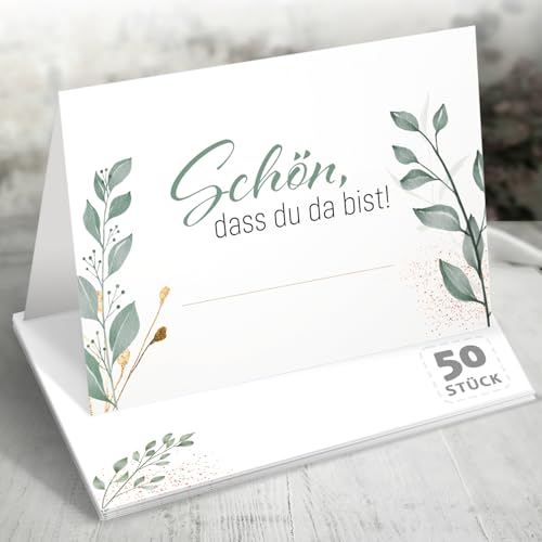 Funke & Brand 50x Tischkarten Hochzeit Eukalyptus Design Edition – Schön dass du da bist – Platzkarten Grün Gold für Hochzeit, Geburtstag, Taufe, Kommunion – Botanisch, Klappkarten von Funke & Brand
