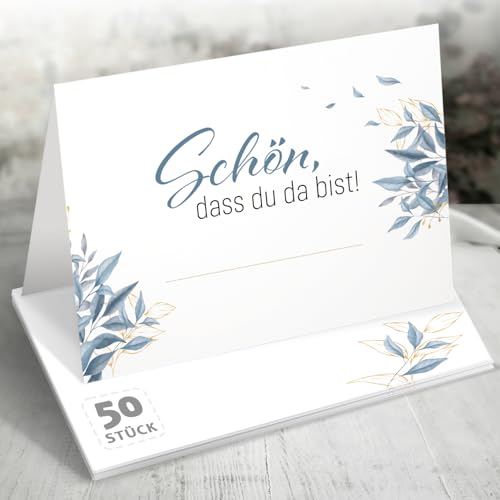 Funke & Brand Tischkarten Hochzeit Floral Blau 50 Stück - Schön DASS du da bist Namenskarten zum Beschriften von Funke & Brand