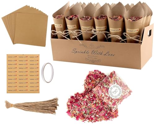 Konfetti Hochzeit Kegel,Hochzeit Kraftpapier Kegel, 30 Stück Vintage Konfetti Kegel Mit Kegelhalter,100g Natürliche Rosenblätter Getrocknet von Funklu