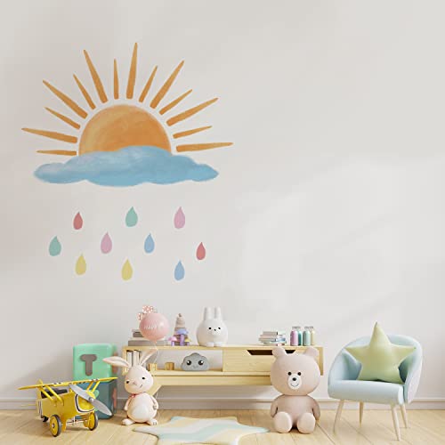 Funlife Boho Wandaufkleber, Peel und Kleben, Wandaufkleber Sonne für Kinderzimmer, Spielzimmer, Kinderzimmer, Sonne mit Wolken und Regen von Funlife