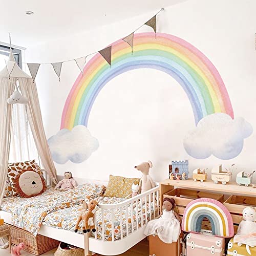 funlife Fabric Wandaufkleber mit weicher Stoffeffekt, selbstklebend Pastell Wandsticker Wandbild für Kinder, bunte Wandtattoos für Kinderzimmer Babyzimmer Schlafzimmer, bunt Regenbogen und Wolken von Funlife