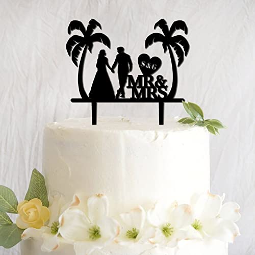 Funlucy Braut und Bräutigam unter Palme im Strand, Kuchendekoration, personalisierbar, für Hochzeit, Verlobung, Jahrestag, Brautparty-Dekoration von Funlucy