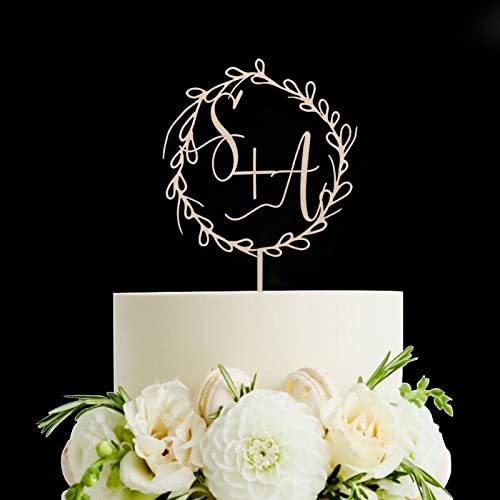 Two Initials Cake Topper, Monogram Cake Toppers, Wreath Letter Cake Topper for Birthday Rustic Wedding Anniversary Andenken Party Dekoration, Rustikales Holz von Funlucy