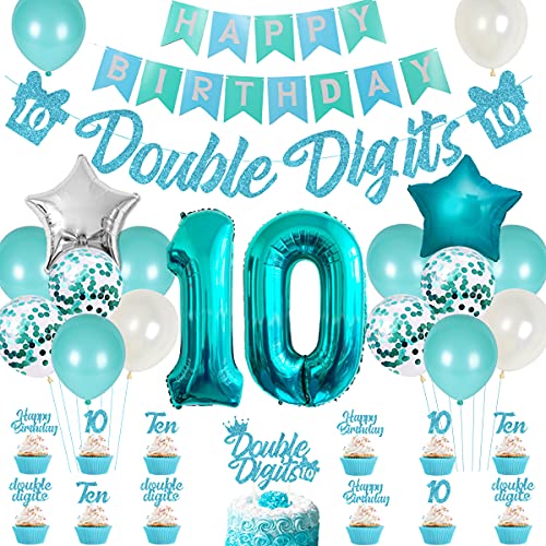 10. Geburtstag Dekorationen für Mädchen Teal, zweistellig Partybedarf Türkis Banner Kuchen- und Cupcake Topper Nummer 10 Heliumballon Sternfolienballon für 10-jährige Mädchenparty von Funmemoir