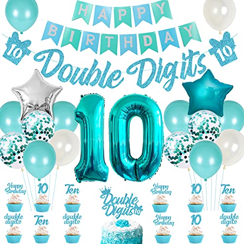 10. Geburtstag Dekorationen für Mädchen Teal, zweistellig Partybedarf Türkis Banner Kuchen- und Cupcake Topper Nummer 10 Heliumballon Sternfolienballon für 10-jährige Mädchenparty 10. Geburtstag Dekorationen für Mädchen Teal, zweistellig Partybedarf Türkis Banner Kuchen- und Cupcake Topper Nummer 10 Heliumballon Sternfolienballon für 10-jährige Mädchenparty von Funmemoir