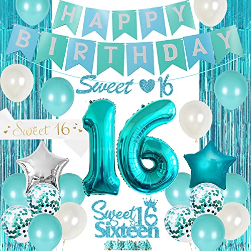16. Geburtstag Dekorationen für Mädchen Teal Sweet 16 Geburtstagsfeier liefert alles Gute zum Geburtstag Banner Sweet 16 Schärpe Kuchendeckel Türkis Fransen Vorhang Nummer 16 Ballon 16. Geburtstag Dekorationen für Mädchen Teal Sweet 16 Geburtstagsfeier liefert alles Gute zum Geburtstag Banner Sweet 16 Schärpe Kuchendeckel Türkis Fransen Vorhang Nummer 16 Ballon von Funmemoir