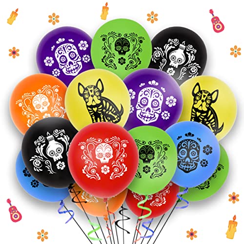 36 Stück Tag der Toten Luftballons, 30,5 cm Halloween Zuckerschädel Latex Ballons für Tag der Toten, mexikanische Festivalurlaub, Dia de Los Muertos Partydekorationen von Funmemoir