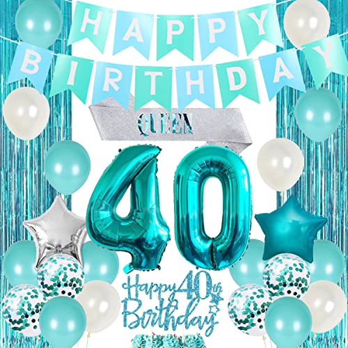 40. Geburtstag Dekorationen für Frauen Mädchen Teal - Queen Sash Happy Birthday Banner Cake Topper Nummer 40 Folienballon Folienvorhang für Türkis 40. Geburtstag Dekorationen 40. Geburtstag Dekorationen für Frauen Mädchen Teal - Queen Sash Happy Birthday Banner Cake Topper Nummer 40 Folienballon Folienvorhang für Türkis 40. Geburtstag Dekorationen von Funmemoir