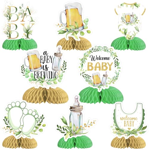 A Baby is Brewing Babyparty-Dekorationen, Grün – 8 Stück, Bier-Baby-Party, Waben-Mittelstücke, salbeigrün, Bierflasche, Baby-Brauen, Geschlecht, Enthüllung, Schwangerschaftsfeier, Partyzubehör von Funmemoir