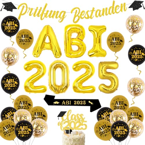 ABI 2025 Deko, Schwarz und Gold Prüfung Bestanden Dekoration - Prüfung Bestanden Banner, Klasse 2025 Tortenaufleger, ABI 2025 Schärpe, Folienballons für Abitur Schulabschluss Studium Party Deko ABI 2025 Deko, Schwarz und Gold Prüfung Bestanden Dekoration - Prüfung Bestanden Banner, Klasse 2025 Tortenaufleger, ABI 2025 Schärpe, Folienballons für Abitur Schulabschluss Studium Party Deko von Funmemoir