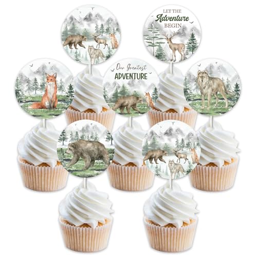 Abenteuer-Baby-Party-Dekorationen – 24 Stück Woodland Creatures Cupcake Topper, Wald Wald Dschungel Safari Tier Kuchen Topper für unsere größte Abenteuerparty von Funmemoir