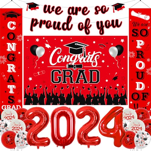 Abschlussdekorationen Klasse 2024 Rot und Schwarz Congrats Grad Hintergrund We are so Proud of You Banner Graduation Veranda Schild Banner für High School College Graduation Congratulations von Funmemoir