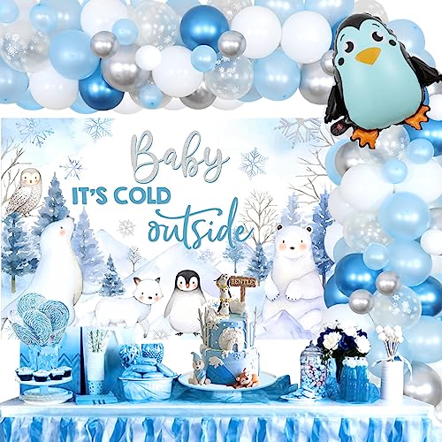 Arctic Animals Baby Shower – Blaue Schneeflocke Ballon Girlande Bogen Kit mit Baby It's Cold Outside Hintergrund, Pinguin Folienballons, Eisbär Pinguin Winter Baby Shower Dekorationen von Funmemoir