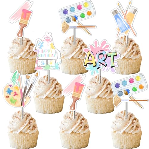 Art Birthday Party Decorations Girl - 24pcs Art Paint Party Cupcake Toppers, Pastel Rainbow Art Birthday Party Cake Decor for Crayon Painting Drawing Artist Birthday Party Supplies von Funmemoir