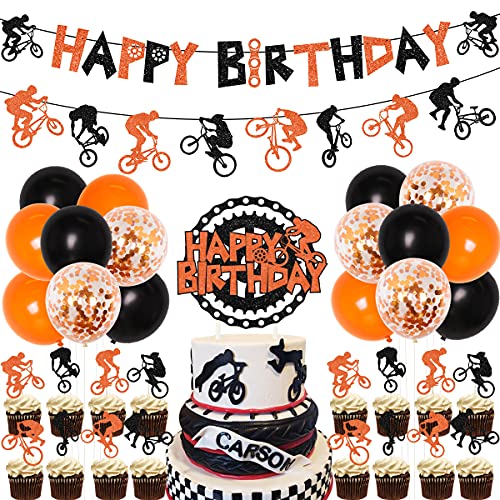 BMX Geburtstag Dekorationen für Jungen - Fahrrad Happy Birthday Banner Cake Topper Dirt Bike Cupcake Topper für Extremsport Thema Geburtstag Party Supplies Orange und Schwarz von Funmemoir