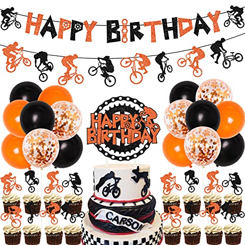 BMX Geburtstag Dekorationen für Jungen - Fahrrad Happy Birthday Banner Cake Topper Dirt Bike Cupcake Topper für Extremsport Thema Geburtstag Party Supplies Orange und Schwarz BMX Geburtstag Dekorationen für Jungen - Fahrrad Happy Birthday Banner Cake Topper Dirt Bike Cupcake Topper für Extremsport Thema Geburtstag Party Supplies Orange und Schwarz von Funmemoir