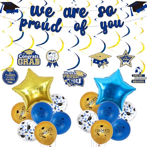 Blaue und goldene Abschluss-Dekorationen 2024 Abschluss-hängende Wirbel "We Are so Proud of You", Banner, Luftballons, Klasse 2024, Congrats Grade And So The Adventure Begins Abschlussfeier von Funmemoir
