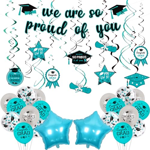 Blaugrüne Abschlussdekorationen 2024 "We Are So Proud Of You", Banner mit Aufschrift "Congrats Grad", hängende Wirbel, Luftballons, Blaugrün und Schwarz, Klasse 2024, High School, College, Türkis, von Funmemoir