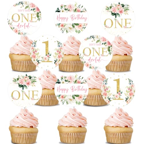 Blumendekoration für den ersten Geburtstag für Mädchen – 24 Stück rosa florale Cupcake-Topper für Isn't She Lovely Isn't She Onederful Miss Onederful Baby Girl 1. Geburtstag Party Dekorationen von Funmemoir