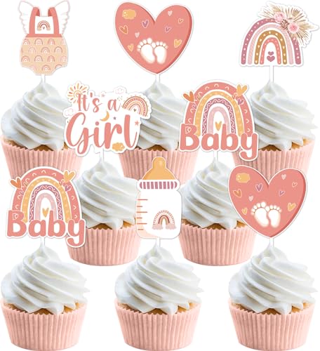 Boho-Regenbogen-Babyparty-Dekorationen für Mädchen – 36 Stück, Boho-Regenbogen-Babyparty-Cupcake-Topper, doppelseitiger Druck, Cupcake-Topper für böhmische Regenbogen-Babyparty-Dekoration von Funmemoir