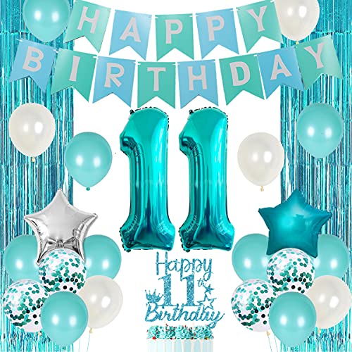 11 Geburtstag Dekorationen für Mädchen Blaugrün - Happy 11th Birthday Dekorationen Elfter Geburtstag Kuchen Topper Teal Fransen Vorhang Türkis Banner Nummer 11 Folienballon, 11 Jahre alt Mädchen 11 Geburtstag Dekorationen für Mädchen Blaugrün - Happy 11th Birthday Dekorationen Elfter Geburtstag Kuchen Topper Teal Fransen Vorhang Türkis Banner Nummer 11 Folienballon, 11 Jahre alt Mädchen von Funmemoir
