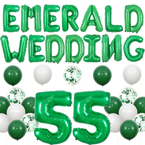 Dekorationen zum 55. Hochzeitstag – Smaragd Hochzeit Luftballons Banner, 55 Folienzahlenballons, grüne und weiße Luftballons für Smaragd Hochzeitstag Feier Party Dekorationen von Funmemoir