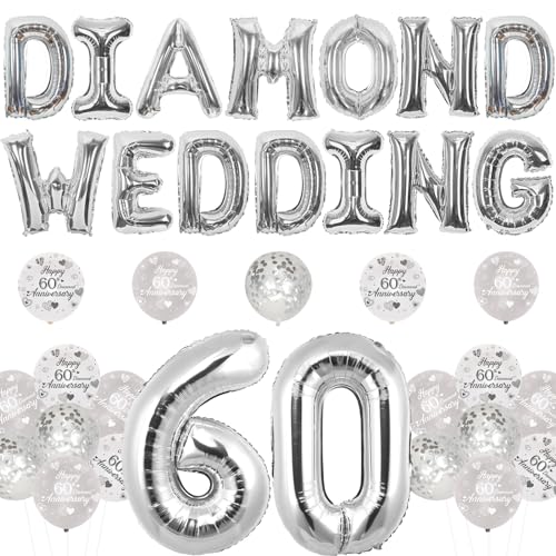 Dekorationen zum 60. Hochzeitstag – Diamant-Hochzeitsballons Banner, 60-jährige Jubiläumsdruckballons, 60 Folienzahlenballons, Happy 60th Diamond Anniversary Dekorationen von Funmemoir