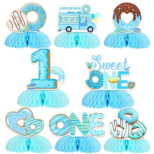 Donut-Party-Dekorationen zum 1. Geburtstag, 8 Stück Donut-Waben-Mittelstücke, blaue Donut-Party-Dekorationen für Jungen, Sweet One Donut-Tischaufsätze für Donuts, Wachstumsparty-Zubehör von Funmemoir