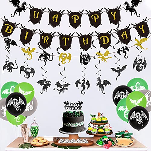 Drache-Geburtstags-Party-Dekorationen für Jungen, grüne und schwarze Drachen-Party-Dekorationen Kuchen-Dekoration, alles Gute zum Geburtstag Banner Dragon Hängen wirbelt zum Geburtstag von Funmemoir