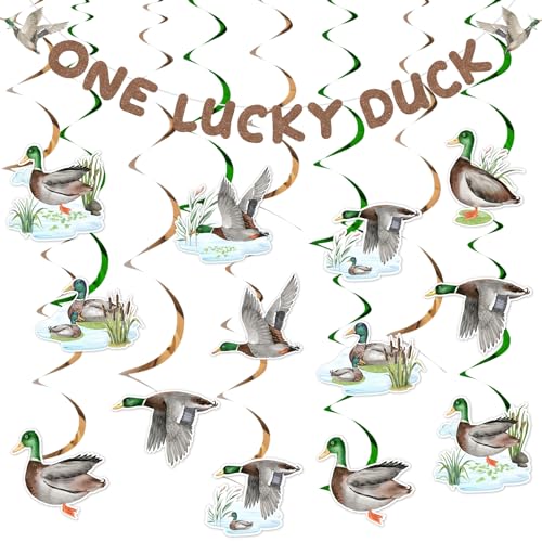 Duck Hunting First Birthday Decorations - One Lucky Duck Banner and Mallard Duck Birthday Hanging Swirls, Mallard Duck 1st Birthday Decorations for Boy, Duck 1st Birthday Hanging Decorations von Funmemoir