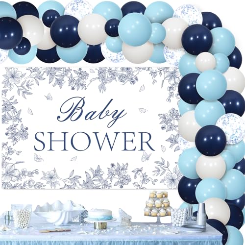 Dusty Blue Baby Shower Decorations - Chinoiserie Baby Shower Backdrop, Blue and White Balloon Garland Arch Kit, Vintage Blue Floral Baby Shower Decorations for Boys Girls von Funmemoir