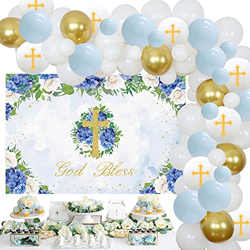 Blaue Erstkommunion Dekorationen Taufe Party Dekorationen Baby Junge Inklusive Gott Segen Hintergrund Taufe Ballon Bogen Kit Blau Weiß Gold für Taufe Party Dekorationen Indoor Outdoor von Funmemoir