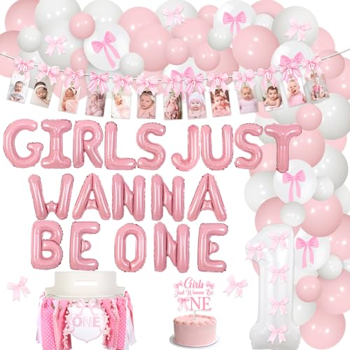 Funmemoir 1. Geburtstag Dekorationen Mädchen Rosa Schleife - Girls Just Wanna Be One Folienballons, Monatliches Fotobanner, Cake Topper, Ballonbogen, Hochstuhl Banner für Fliege Erster Geburtstag Funmemoir 1. Geburtstag Dekorationen Mädchen Rosa Schleife - Girls Just Wanna Be One Folienballons, Monatliches Fotobanner, Cake Topper, Ballonbogen, Hochstuhl Banner für Fliege Erster Geburtstag von Funmemoir