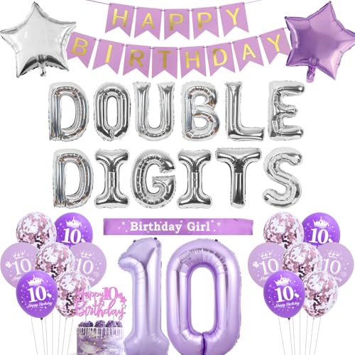 Funmemoir 10 Geburtstag Dekorationen für Mädchen Lila - Happy Birthday Banner, Doppelstellige Luftballons, Schärpe, Glitzer Kuchen Topper, Stern Folienballons für Doppelstellige 10 Geburtstag Party Funmemoir 10 Geburtstag Dekorationen für Mädchen Lila - Happy Birthday Banner, Doppelstellige Luftballons, Schärpe, Glitzer Kuchen Topper, Stern Folienballons für Doppelstellige 10 Geburtstag Party von Funmemoir