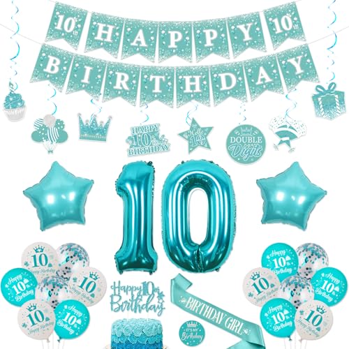 Funmemoir 10. Geburtstag Dekorationen für Mädchen Blaugrün - Happy 10 Birthday Banner, Türkis hängende Wirbel, Tortenaufsatz, Schärpe und Abzeichen für zweistellige 10. Geburtstag Party Supplies Funmemoir 10. Geburtstag Dekorationen für Mädchen Blaugrün - Happy 10 Birthday Banner, Türkis hängende Wirbel, Tortenaufsatz, Schärpe und Abzeichen für zweistellige 10. Geburtstag Party Supplies von Funmemoir