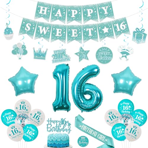 Funmemoir 16. Geburtstag Dekorationen für Mädchen Blaugrün – Happy Sweet 16 Banner, Türkis hängende Wirbel, Kuchendekoration, It's My Birthday Badge und Schärpe für Happy 16th Birthday Party Supplies von Funmemoir