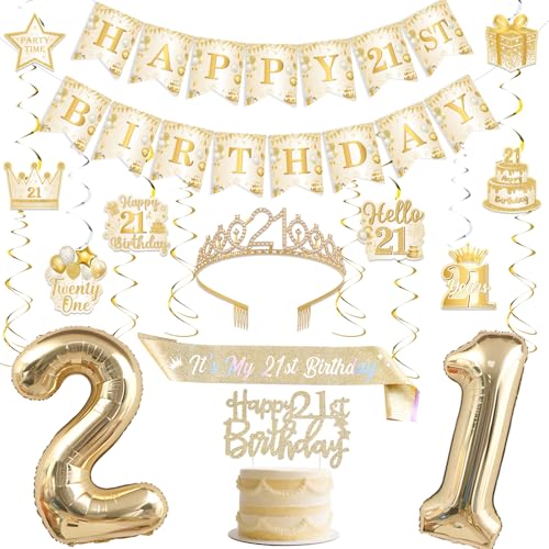 Funmemoir 21. Geburtstag Dekorationen für Sie - Weiß und Gold Happy 21st Birthday Banner Kuchen Topper Krone und Schärpe hängende Wirbel Luftballons 21 Jahre alt Party Dekorationen für Frauen Mädchen Funmemoir 21. Geburtstag Dekorationen für Sie - Weiß und Gold Happy 21st Birthday Banner Kuchen Topper Krone und Schärpe hängende Wirbel Luftballons 21 Jahre alt Party Dekorationen für Frauen Mädchen von Funmemoir