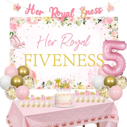 Funmemoir 5. Geburtstag Prinzessin Dekorationen Mädchen - Her Royal Fiveness Banner, Hintergrund, Tischdecke, Kuchen Cupcake Topper, Luftballons für Rosa und Gold Her Royal 5ness Castle Crown 5 Jahre Funmemoir 5. Geburtstag Prinzessin Dekorationen Mädchen - Her Royal Fiveness Banner, Hintergrund, Tischdecke, Kuchen Cupcake Topper, Luftballons für Rosa und Gold Her Royal 5ness Castle Crown 5 Jahre von Funmemoir