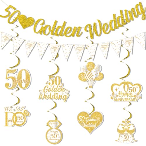 Funmemoir 50. Hochzeitstag Dekorationen Gold - 50 Goldene Hochzeit Jubiläum Banner, Dreieck Girlande Banner, hängende Wirbel, Happy 50th Anniversary Party Supplies von Funmemoir