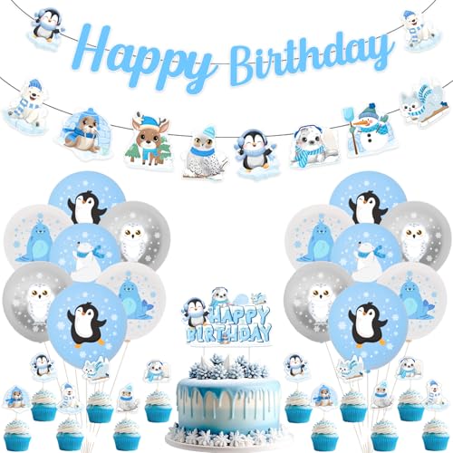 Funmemoir Arctic Animals Birthday Decorations - Winter Happy Birthday Banner, Girlande, Cake and Cupcake Toppers, Balloons for Penguin Arctic Polar Bear Winter Animal Theme 1st 2nd 3rd Party von Funmemoir