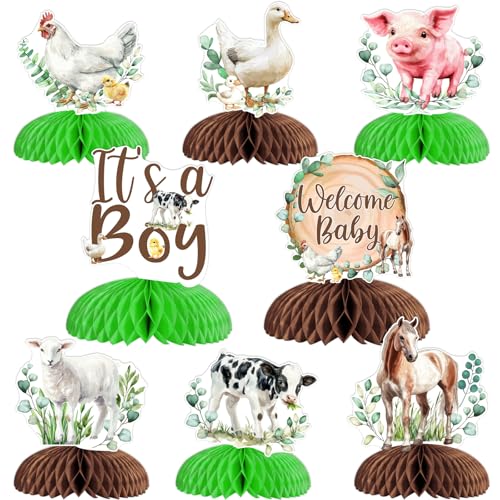 Funmemoir Bauernhof-Babyparty-Dekorationen für Jungen, Waben-Mittelstücke, salbeigrün Bauernhof-Tier-Tischdekoration, Grüne Willkommens-Baby-Party-Dekoration, 8 Stück von Funmemoir