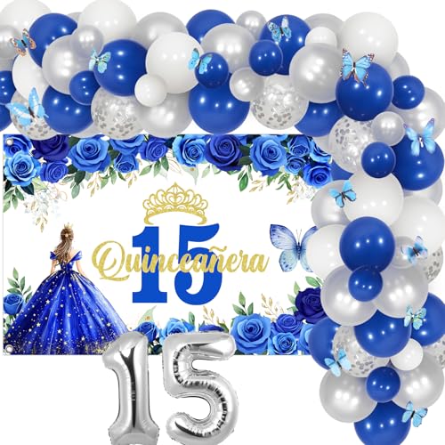 Funmemoir Blue Quinceañera Geburtstag Dekoration Kit - Komplettes Partyzubehör zum 15. Geburtstag mit Ballongirlandenbogen Hintergrund Schmetterling Wandaufkleber Folienballon für Mädchen Süße 15 Funmemoir Blue Quinceañera Geburtstag Dekoration Kit - Komplettes Partyzubehör zum 15. Geburtstag mit Ballongirlandenbogen Hintergrund Schmetterling Wandaufkleber Folienballon für Mädchen Süße 15 von Funmemoir
