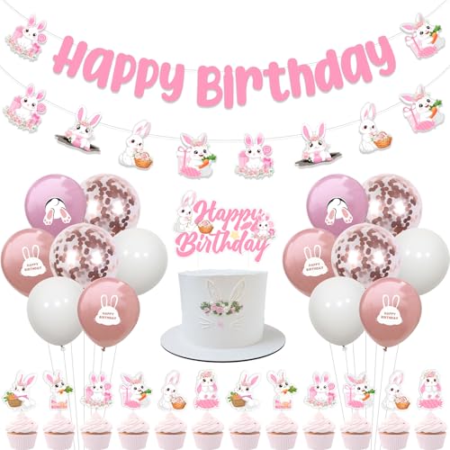 Funmemoir Bunny Birthday Party Decorations - Happy Birthday Banner, Cake Topper, Rabbit Cupcake Toppers, Garland, Balloons for Girl 1st 2nd 3rd Birthday Easter Party Supplies von Funmemoir