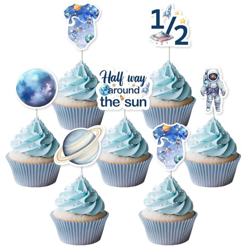 Funmemoir Cupcake-Topper zum halben Geburtstag, Motiv: Weltraum, halber Weg um die Sonne, Kuchendekoration, doppelseitig, Cupcake-Topper für 6 Monate, Baby, Jungen, Mädchen, 1/2 Funmemoir Cupcake-Topper zum halben Geburtstag, Motiv: Weltraum, halber Weg um die Sonne, Kuchendekoration, doppelseitig, Cupcake-Topper für 6 Monate, Baby, Jungen, Mädchen, 1/2 von Funmemoir