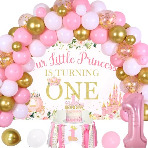 Funmemoir Dekoration für den 1. Geburtstag mit Aufschrift "Our Little Princess Is Turning One", Hochstuhl-Banner, Kuchendekoration, rosa und goldfarben, Ballonbogen-Set für königliche Schlosskrone von Funmemoir