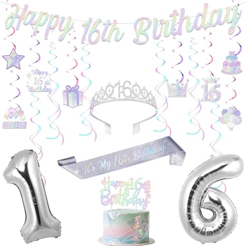 Funmemoir Dekoration zum 16. Geburtstag für Mädchen, silberfarben, schillernd, "Happy It's My 16th Birthday", Kuchendekoration, hängende Wirbel, Krone und Schärpe für süße 16-jährige Geburtstagsparty Funmemoir Dekoration zum 16. Geburtstag für Mädchen, silberfarben, schillernd, "Happy It's My 16th Birthday", Kuchendekoration, hängende Wirbel, Krone und Schärpe für süße 16-jährige Geburtstagsparty von Funmemoir