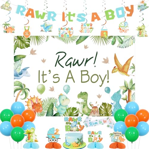 Funmemoir Dinosaurier-Babyparty-Dekorationen für Jungen – Rawr It's a Boy Hintergrund, Kuchendekoration, Banner, hängende Wirbel, Waben-Mittelstücke, Schärpe für Dino-Dschungeltier-Babyparty von Funmemoir