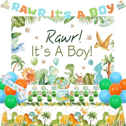 Funmemoir Dinosaurier-Babyparty-Dekorationen für Jungen – Rawr It's a Boy Hintergrund Kuchen Cupcake Toppers Banner Tischdecke Luftballons werdende Mutter Schärpe für Dschungel Tier Dino schlüpfen von Funmemoir