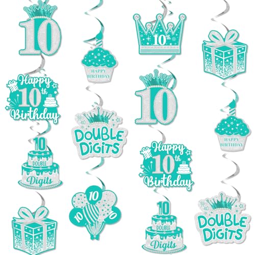 Funmemoir Doppelstellige Party-Dekorationen, blaugrün, 24 Stück, türkis, Party-Hängewirbel, blaue Dekoration zum 10. Geburtstag, Dekoration für Mädchen, Spiralbehang zum 10. Geburtstag von Funmemoir